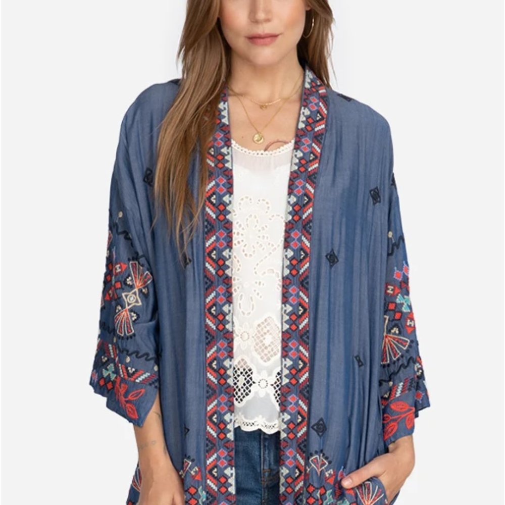 Johnny Was Blue Embroidered Open-Front Kimono with Red & White Accents